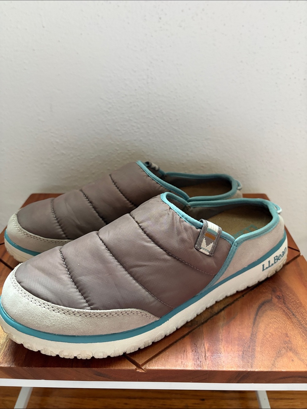 L.L. Bean Quilted Gray Slip-On Mules with Teal Trim #517527 (9 Medium)